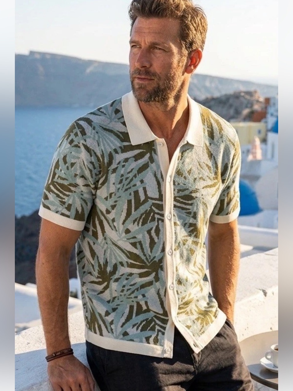 New Free Planet Men’s size M tropical print knit button up polo shirt